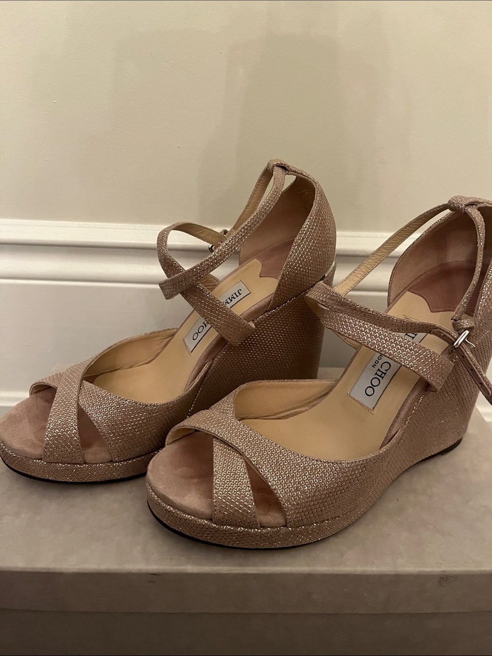 Jimmy Choo Wedges Pink Textured Glittery Alanah Sandals Espadrilles Size 38.